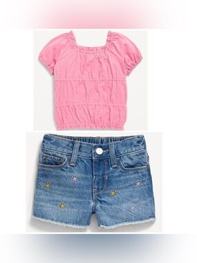 Old Navy Girls Pink Puff Sleeve Top & Embroidered Denim Shorts Set. Size 12M-18M